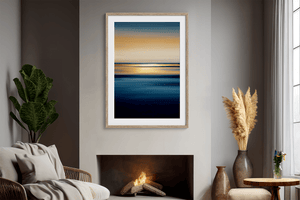 Abstract ocean sunset wall art styled in a calm neutral interior