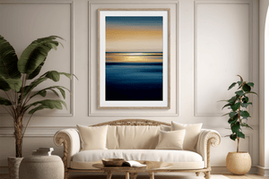 Abstract ocean sunset wall art styled in a calm neutral interior