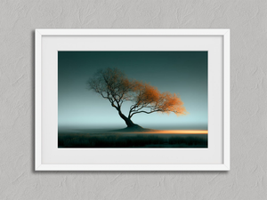 Leaning Light – Lone Tree Sunrise Wall Art Print in a white frame with a mount