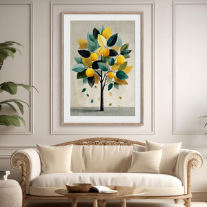 Unframed fine art print of a Mediterranean lemon tree in golds and greens. A playful citrus wall art design.