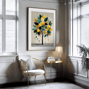 Lemon tree wall art print styled in a bright kitchen or dining interior