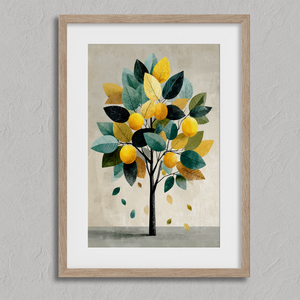 Unframed fine art print of a Mediterranean lemon tree in golds and greens. A playful citrus wall art design.