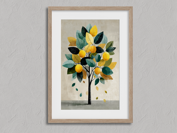 Unframed fine art print of a Mediterranean lemon tree in golds and greens. A playful citrus wall art design.