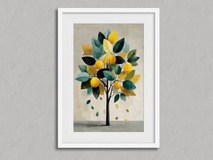 Lemon Tree – Mediterranean Citrus Wall Art Print in a white frame with a mount