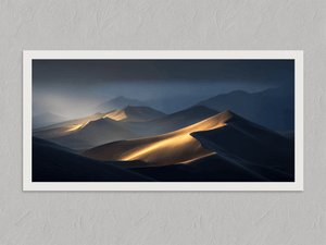 Light Across the Dunes – Desert Landscape Wall Art Print, unframed print with a white border