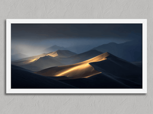 Light Across the Dunes – Desert Landscape Wall Art Print in a white frame, no mount