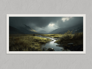 Light Breaks Over the Moor – Mountain Valley Wall Art Print, unframed print with a white border