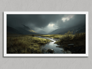 Light Breaks Over the Moor – Mountain Valley Wall Art Print in a white frame, no mount