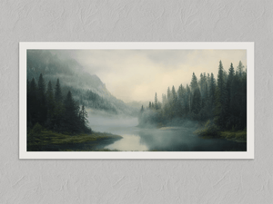 Mist Between the Pines – Misty Mountain River Wall Art Print, unframed print with a white border