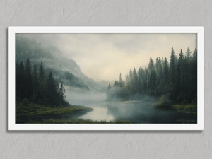 Mist Between the Pines – Misty Mountain River Wall Art Print in a white frame, no mount