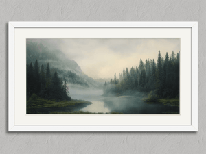Mist Between the Pines – Misty Mountain River Wall Art Print in a white frame with a mount