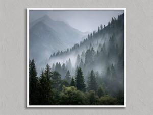 Mistbound Valley – Misty Mountain Forest Wall Art Print in a white frame, no mount