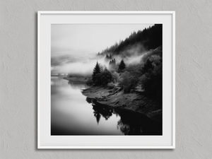 Mistwater Valley – Misty River Wall Art Print in a white frame with a mount