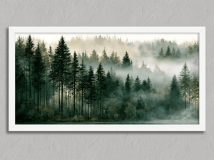 Morning Stillness – Misty Forest Wall Art Print in a white frame, no mount