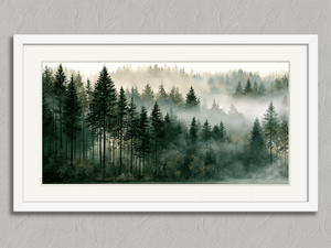 Morning Stillness – Misty Forest Wall Art Print in a white frame with a mount