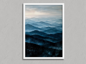 Mountain Echos – Blue Mountain Wall Art Print in a white frame, no mount