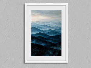 Mountain Echos – Blue Mountain Wall Art Print in a white frame with a mount