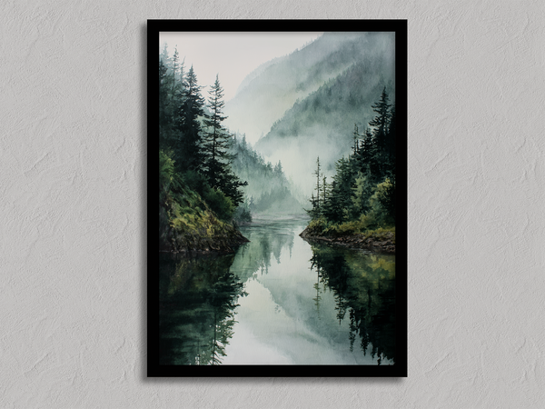 Framed wall art of a misty mountain lake. Peaceful watercolour tones, ready to hang or style your way.