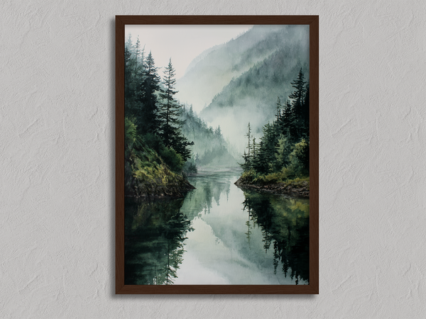 Framed wall art of a misty mountain lake. Peaceful watercolour tones, ready to hang or style your way.