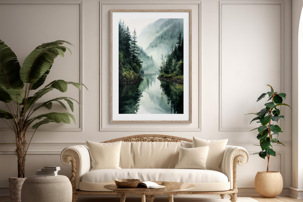 Framed wall art of a misty mountain lake. Peaceful watercolour tones, ready to hang or style your way.