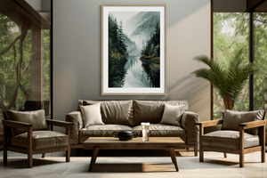 Mountain lake wall art print styled in a calm neutral interior