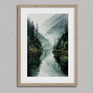 Framed wall art of a misty mountain lake. Peaceful watercolour tones, ready to hang or style your way.