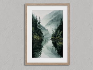 Framed mountain lake wall art print with misty evergreens and soft watercolour tones