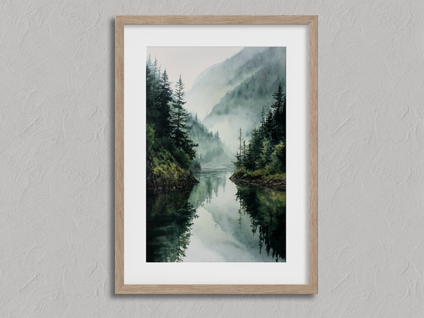 Framed wall art of a misty mountain lake. Peaceful watercolour tones, ready to hang or style your way.