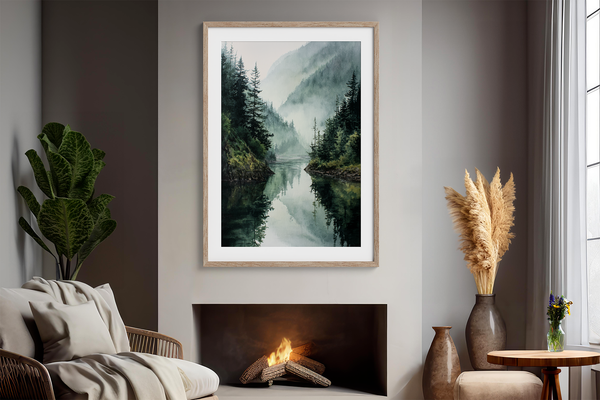 Framed wall art of a misty mountain lake. Peaceful watercolour tones, ready to hang or style your way.