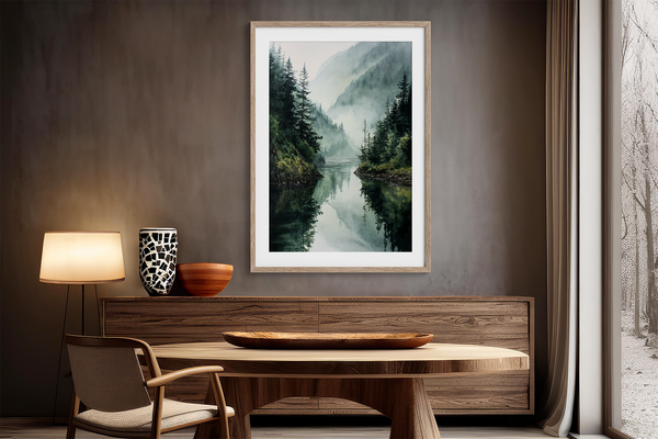 Framed wall art of a misty mountain lake. Peaceful watercolour tones, ready to hang or style your way.