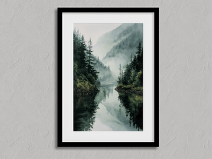 Framed watercolour mountain lake print by Atelier Lumin