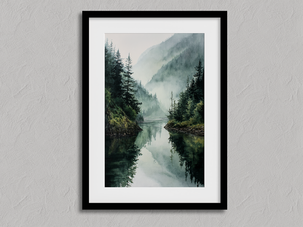 Framed wall art of a misty mountain lake. Peaceful watercolour tones, ready to hang or style your way.