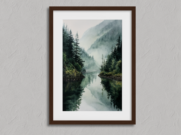 Framed wall art of a misty mountain lake. Peaceful watercolour tones, ready to hang or style your way.
