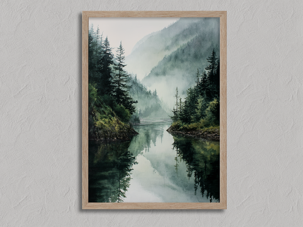 Framed wall art of a misty mountain lake. Peaceful watercolour tones, ready to hang or style your way.