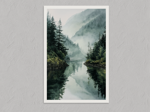 Mountain Retreat – Mountain Lake Wall Art Print, unframed print with a white border