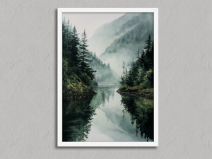 Mountain Retreat – Mountain Lake Wall Art Print in a white frame, no mount