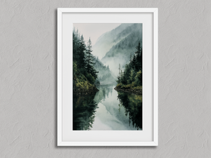 Mountain Retreat – Mountain Lake Wall Art Print in a white frame with a mount