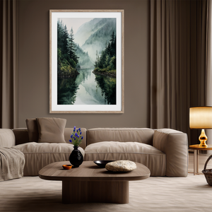 Framed wall art of evergreens, river, and mist in soft watercolours. A calm woodland scene, ready to hang.