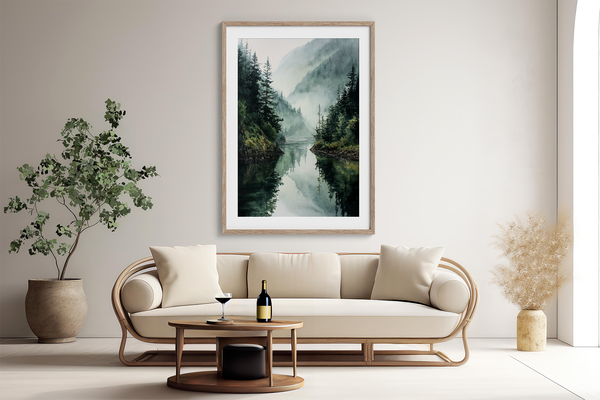 Framed wall art of evergreens, river, and mist in soft watercolours. A calm woodland scene, ready to hang.