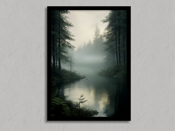 Framed wall art of evergreens, river, and mist in soft watercolours. A calm woodland scene, ready to hang.