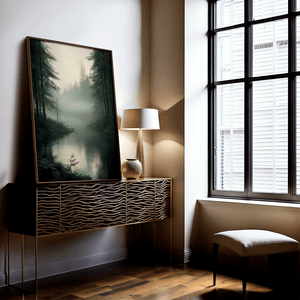 Watercolour woodland wall art styled in a calm neutral interior