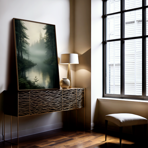 Framed wall art of evergreens, river, and mist in soft watercolours. A calm woodland scene, ready to hang.