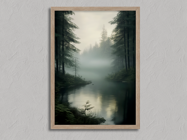 Framed wall art of evergreens, river, and mist in soft watercolours. A calm woodland scene, ready to hang.