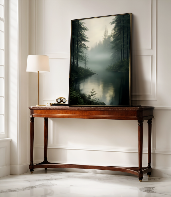 Framed wall art of evergreens, river, and mist in soft watercolours. A calm woodland scene, ready to hang.