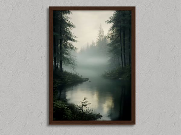 Framed wall art of evergreens, river, and mist in soft watercolours. A calm woodland scene, ready to hang.