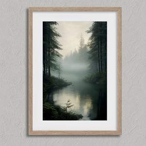Framed wall art of evergreens, river, and mist in soft watercolours. A calm woodland scene, ready to hang.