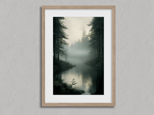 Framed watercolour woodland wall art print with evergreens mist and river