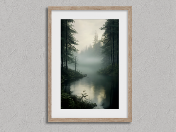 Framed wall art of evergreens, river, and mist in soft watercolours. A calm woodland scene, ready to hang.