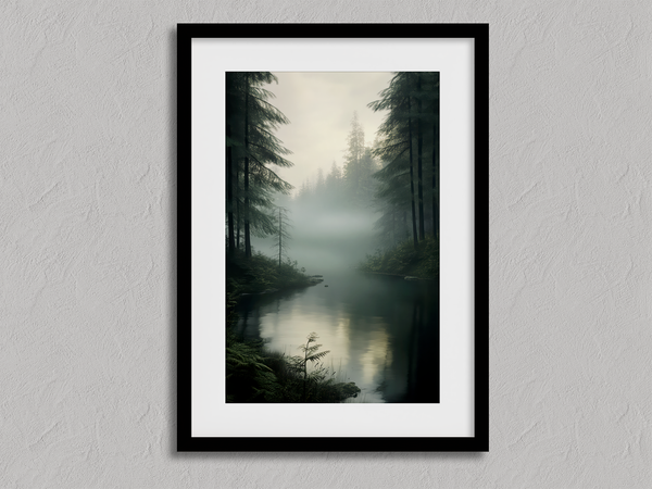 Framed wall art of evergreens, river, and mist in soft watercolours. A calm woodland scene, ready to hang.