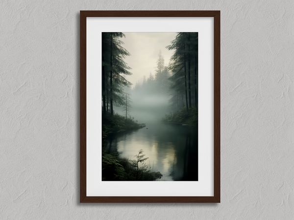Framed wall art of evergreens, river, and mist in soft watercolours. A calm woodland scene, ready to hang.